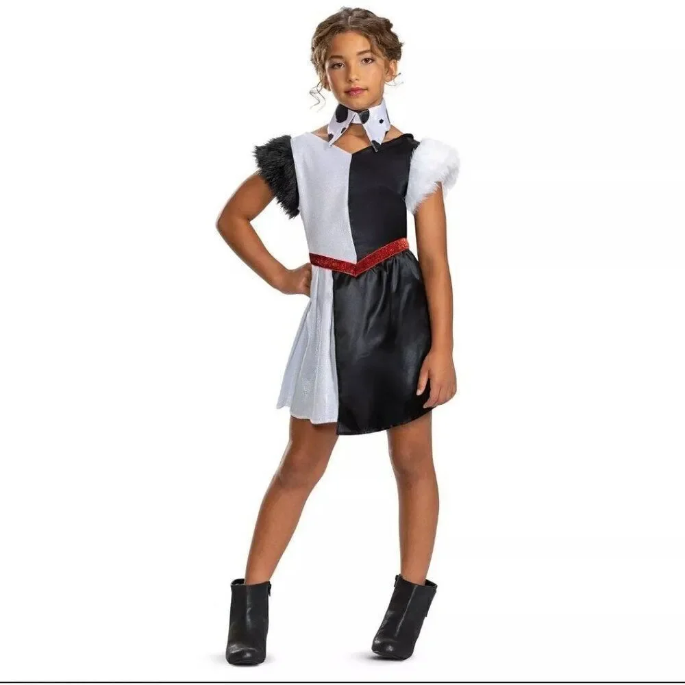 Girls Disney Villains Cruella De Vil Costume Dalmations Style Black & White Lg